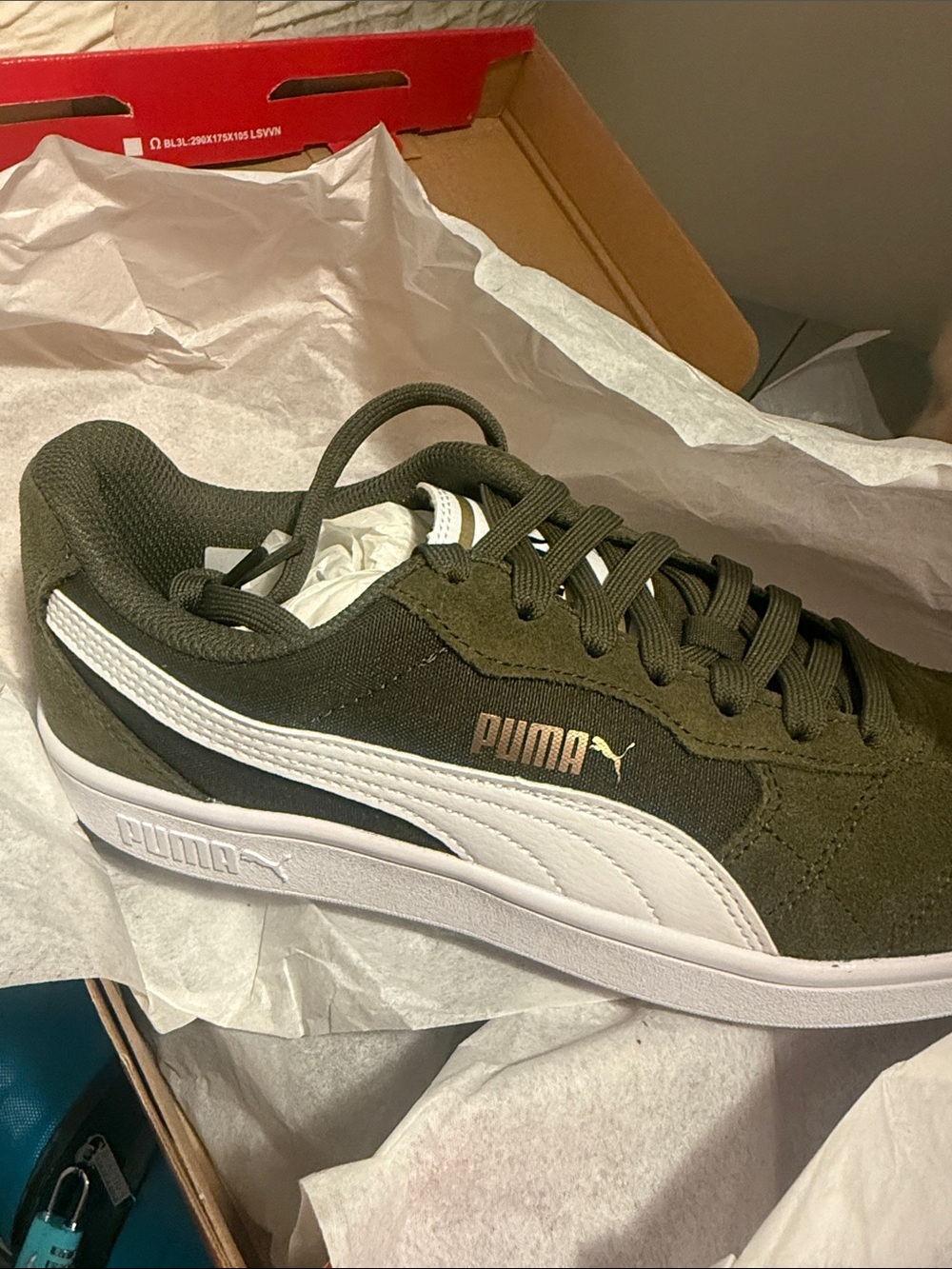 Puma Olive Green Sneakers with White Stripe Size 7.5
